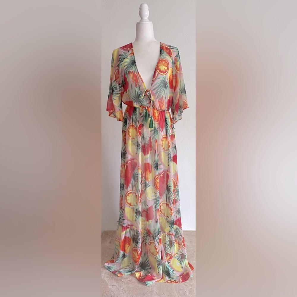 America & Beyond Fruit Punch Maxi Tie Front Sheer Dress
